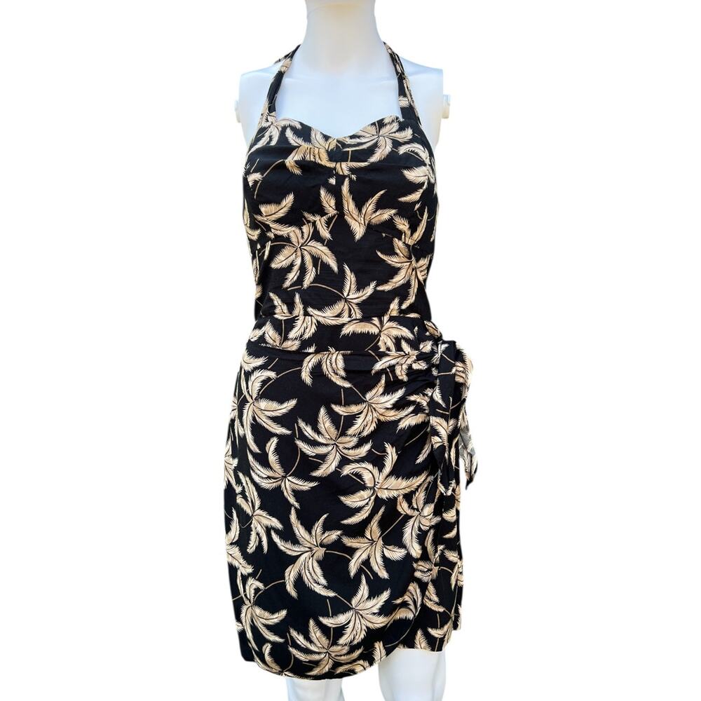 90s Paradise Found Brown Palm Tree Halter Sarong Dress XS Made in Hawaii Rayon